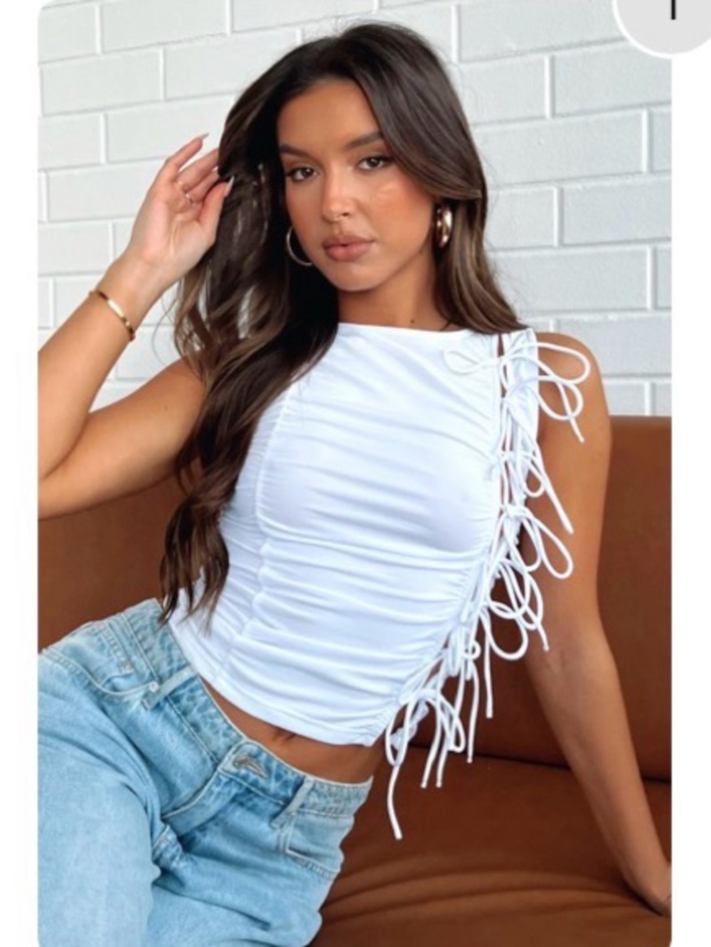 White Fox Boutique Cream Side-Tie Ruched Tank